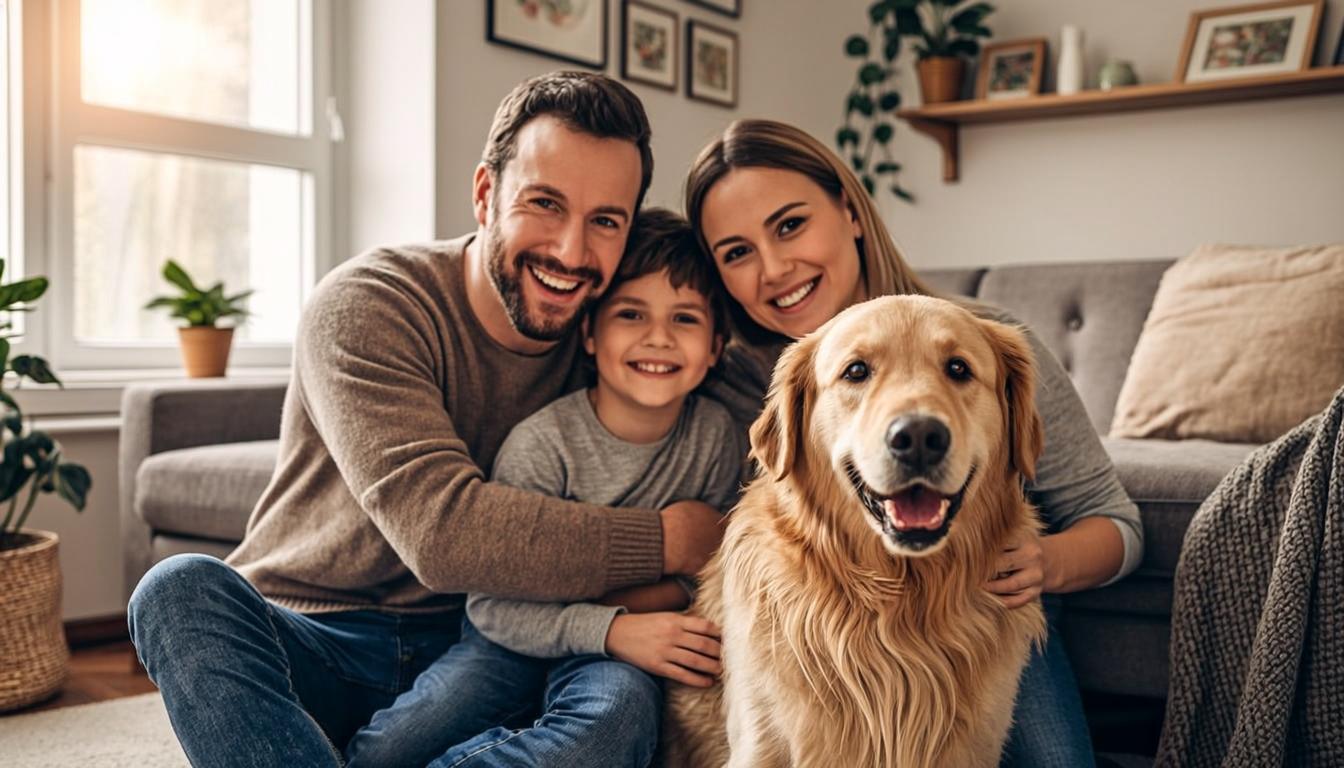 Happy family adopting a Golden Retriever