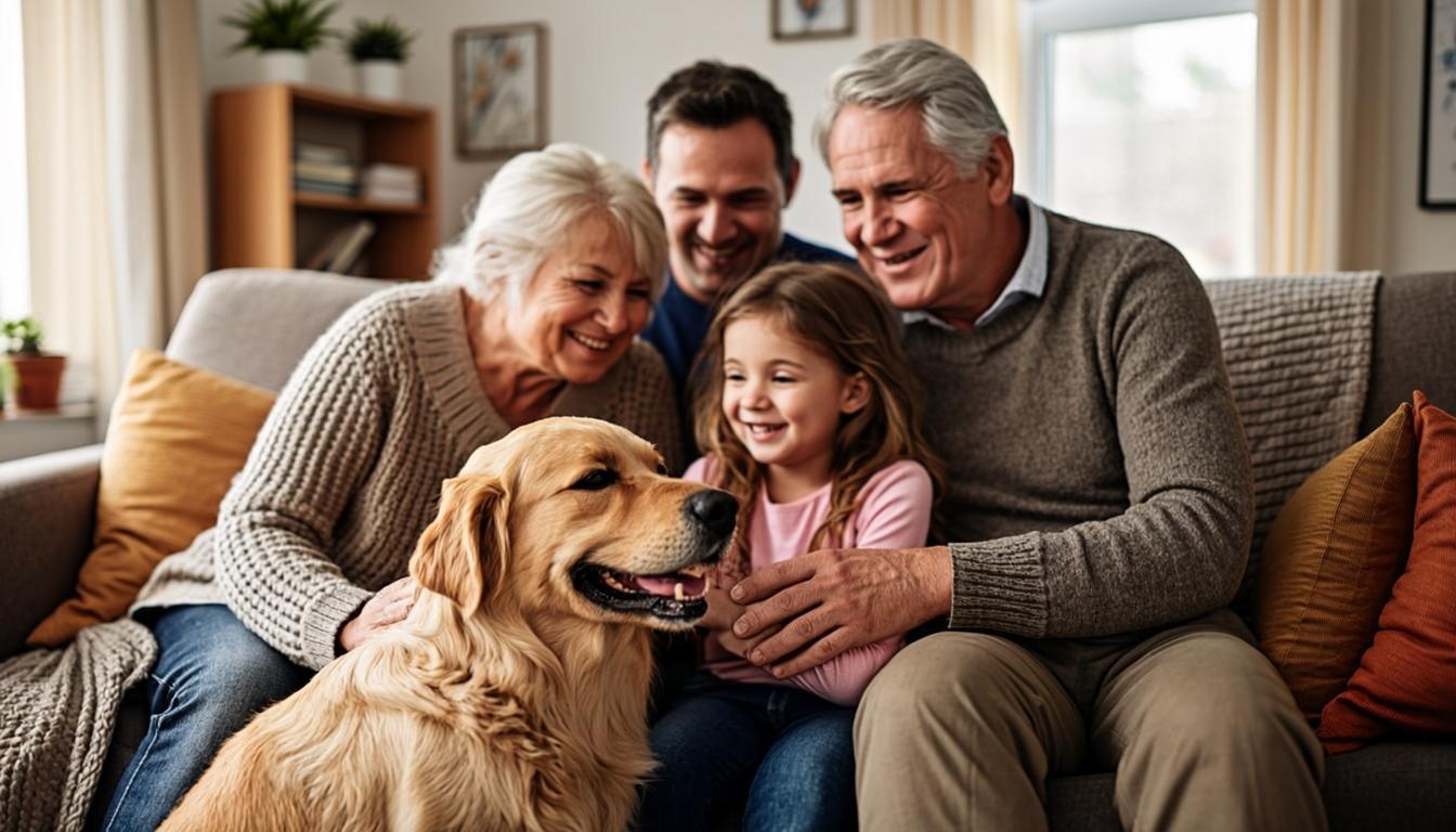 Foster family caring for a Golden Retriever in their cozy home