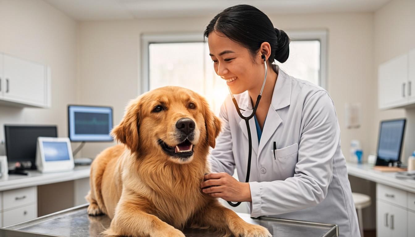 Veterinarian examining a rescued Golden Retriever puppy