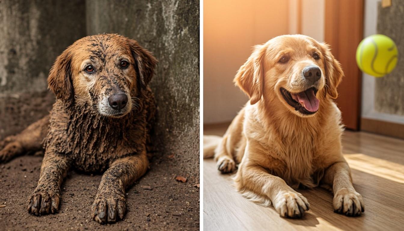 Golden Retriever before and after rescue transformation